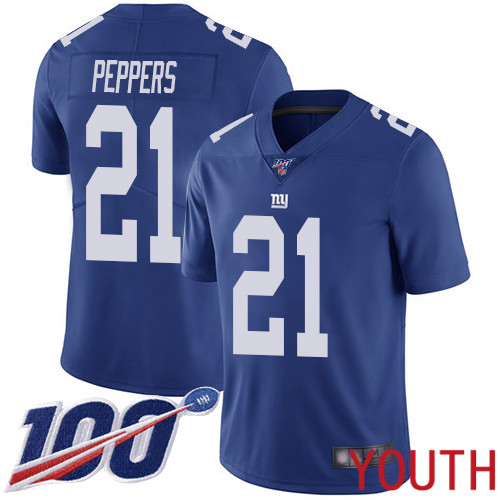 Youth New York Giants 21 Jabrill Peppers Royal Blue Team Color Vapor Untouchable Limited Player 100th Season Football NFL Jersey